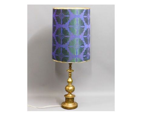 A retro lamp with 1970's style shade &amp; heavy brass base, 44.5in tall