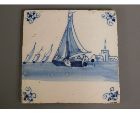 A 19thC. delft tile depicting sailboat, 5.25in square