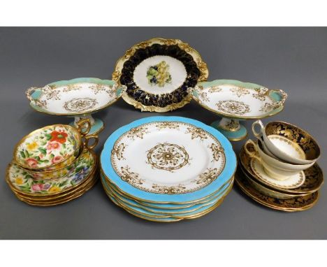 A quantity of mostly antique Hammersley porcelain including Dresden flowers style trios, one restored 