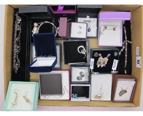 A Large Selection of Modern "925" and Other Costume Jewellery, including owl drop earrings, collet set earstuds, inset rings,