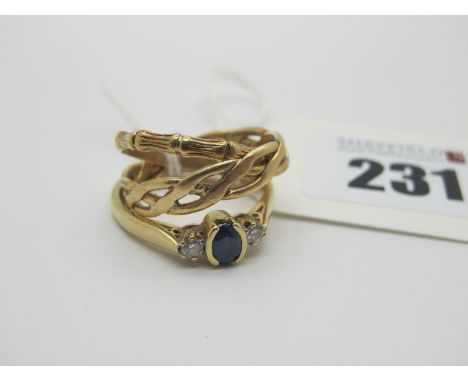 A 9ct Gold Three Stone Ring, (finger size R); together with two band rings stamped "375" (total weight 6grams). (3) 