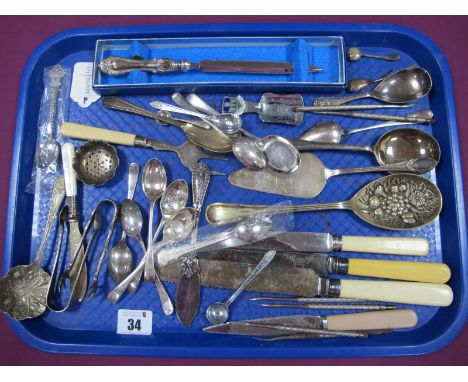 A Hallmarked Silver Handled Letter Opener, a hallmarked silver teaspoon, 'Rolex' souvenir spoons, assorted plated cutlery inc