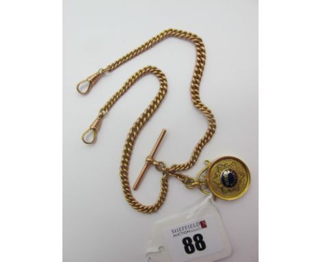 A 9ct Gold Graduated Curb Link Double Albert Chain, to double swivel style clasps, suspending a T-bar and a 9ct gold 'Wren Wh