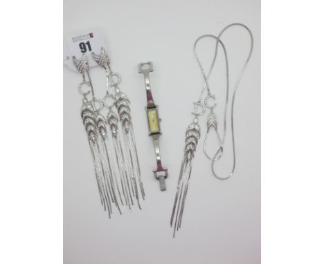 A Modern Christian Dior Lariat Style Necklace, with stylised leaf and chain drops; Together with Pair of Matching Long Drop E