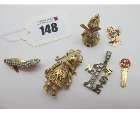 Modern 9ct Gold and Other Novelty Pendants, including 18ct gold 'Yale' key pendant highlighted in enamel, etc. 