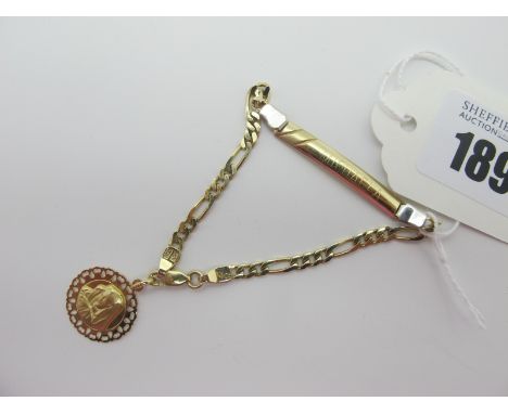 A Modern Identity Bracelet, 'Michaela' stamped "585" suspending circular panel pendant stamped "585" (7grams). 