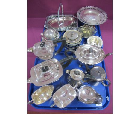 Plated Tea Wares, swing handled dish, pedestal dish, swing handled lidded ceramic dish and cover, etc :- Two Trays  