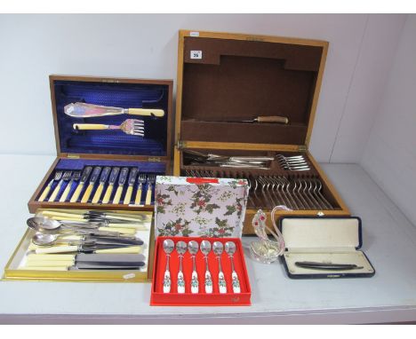 Assorted Cased and Loose Cutlery, including Elkington, Walker &amp; Hall, modern Portmeirion Christmas teaspoons, cutthroat r