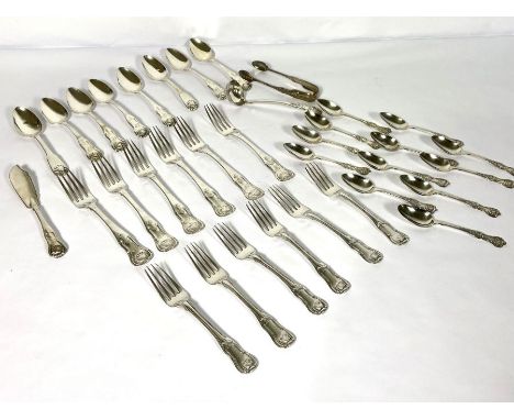 A silver flatware service for six place settings, Hourglass pattern, mainly Regency period, Dublin and Edinburgh hallmarks, a