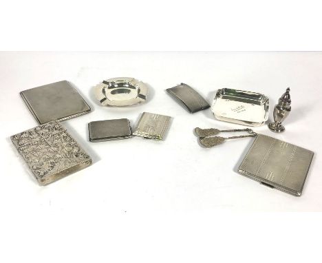 Assorted silver card and cigarette cases, various dates and makers, including a small curved engine turned card case, a small