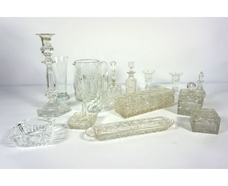 Assorted crystal cut glassware, including a baluster candlestick, bell, various decorative boxes etc (a lot)