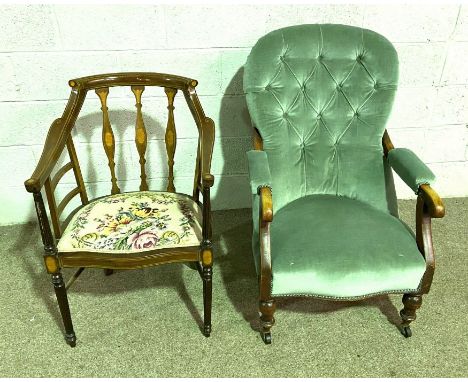 A Victorian button backed armchair, together with an Edwardian inlaid tub chair