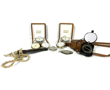 Four silver cased pocket watches, together with two Hanhart stopwatches and a military compass, etc (a lot)
