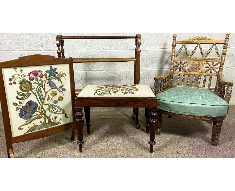A group of assorted chairs including a small bobbin turned armchair, a bedroom chair, also a towel rail and small footstool a