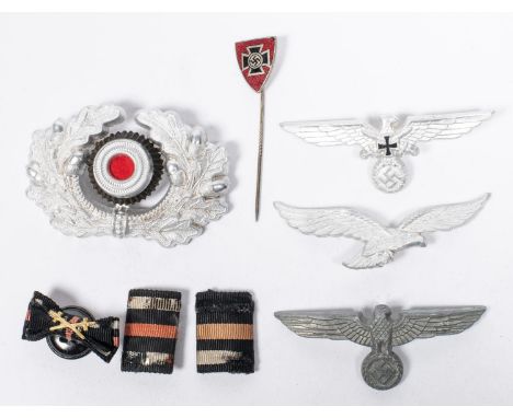 Third Reich badges, cap eagles of army, war veterans and Luftwaffe, army cap wreath, stick pin with Maltese cross, 3 ribbons.