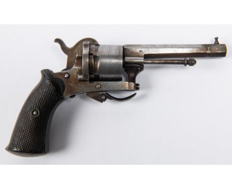 A Belgian 6 shot 7mm double action pinfire revolver, 7" overall, octagonal barrel 7½", Liege proved, the cylinder marked "The