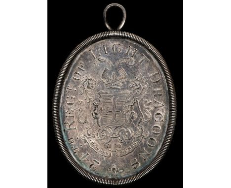 24th Light Dragoons silver regimental medal 1801, the oval piece set into a milled rounded border, 70mm x 55mm. Obverse "24th