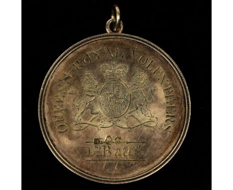 Pimlico or Queen's Royal Volunteers engraved circular silver prize medal, obverse: Royal Arms, legend "Queen's Royal Voluntee