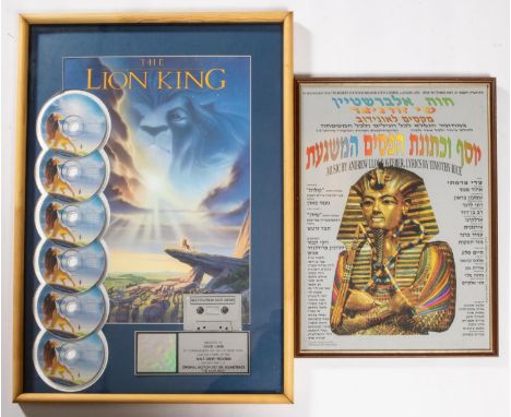 2x framed Musical Theatre posters and Platinium Sales award. A Lion King Multi-Patinium sales presentation award to the Brigh