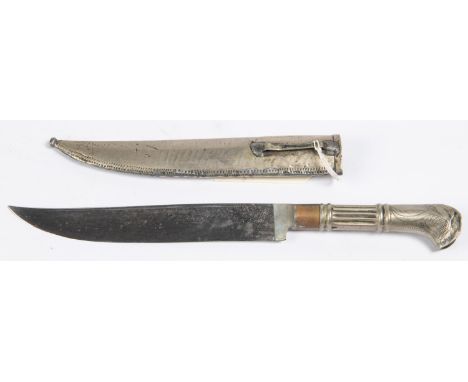 A Greek Yataghan style knife, blade 7", white metal hilt with fluted grip, eared pommel, and wriggle work decoration, in  its