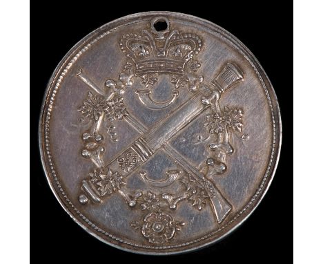 A Georgian silver shooting award, 1808, obverse device of crowned crossed cannon and flintlock musket with wreath of ivy and 
