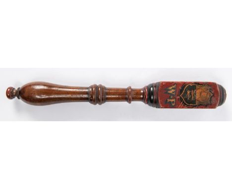 A good William IV period decorated turned wood tipstaff, painted with crown above IIII, "W.P." beneath town crest of 3 masted