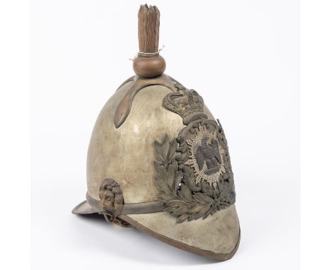 An unusual Victorian Albert cavalry type WM helmet, similar to Afghan Army Artillery patterns of the 1880s, brass mounts with