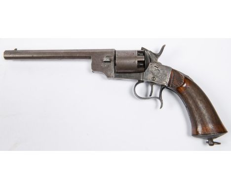 A Belgian 6 shot 90bore Kinapen Patent single action open wedge frame percussion revolver, 13½" overall, octagonal barrel 7" 