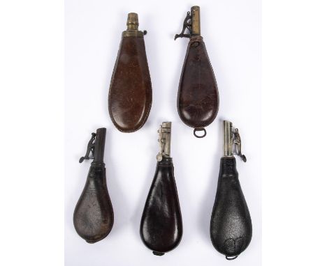 A late 18th century bag shaped leather powder flask, GC (contemporary stitched repair to seam, no spring), and four plain lea