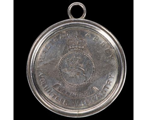 Waltham Abbey Volunteer Infantry, engraved silver circular medal, obverse: lion rampant left in crowned circle over four poin