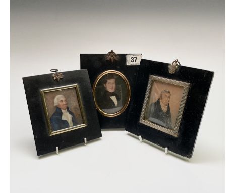 A George III portrait miniature of a bewigged gentleman with a blue coat 7.5x6cm and two other portraits of gentlemen Conditi