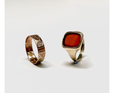 A 9ct gold signet ring set carnelian 4.8gm size P, a late Victorian fancy 9ct band 1.9gm size O/P UK Postage: £15.04