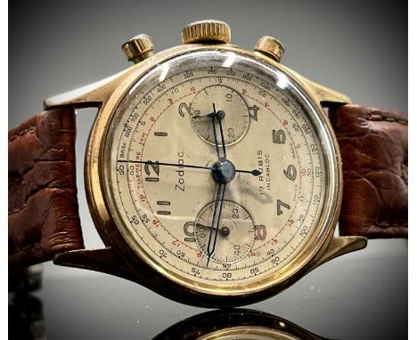 A Zodiac gold plated chronograph wristwatch Diameter 35.8mm 52.2gm including strap.
The Phil Wadsworth Watch Collection
Condi