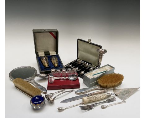 A plain silver-mounted mirror and two similar brushes together with various other items including an epns foundation stone tr