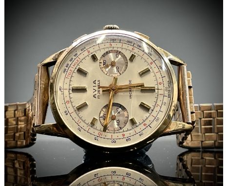 An Avia 9ct gold cased chronograph wristwatch 36mm diameter 52.8gm including gilt bracelet.
The Phil Wadsworth Watch Collecti