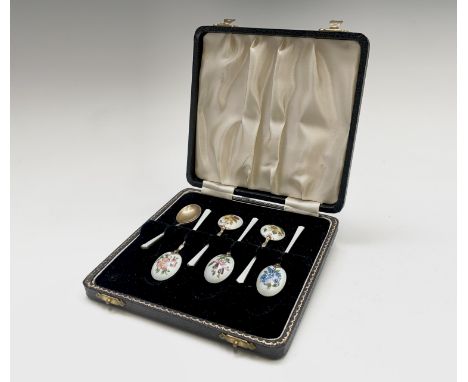 A set of six silver botanical enamelled coffee spoons by Turner &amp; Simpson Birmingham 1966(?). Cased 56.5gm Condition: A s