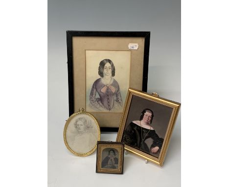 Four portrait miniatures of ladies, one being on porcelain 13x10cm, another a watercolour 16.5x11.5cm, a heightened photograp