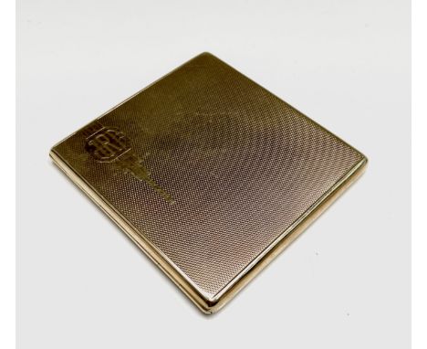 A square 9ct gold cigarette case by Payton, Pepper &amp; Sons Ltd, Chester, 1932. Inscribed 1937 to the interior. The engine 