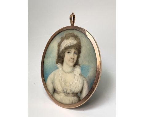 Attributed to George Engleheart (1750-1829) Portrait of a lady dressed in white 7x6cm Condition: Not examined out of the fram