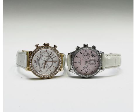 A ladies Swarovski Citra Sphere Chronograph rose gold white leather watch together with a Ladies Rotary aquaspeed with pink f
