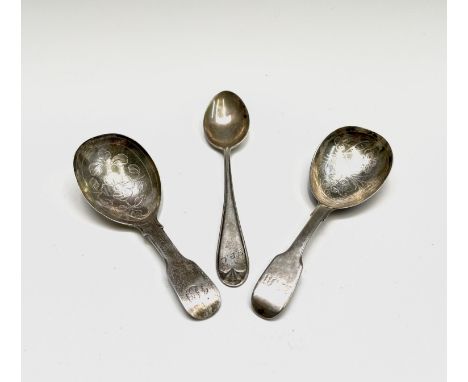 Two silver fiddle pattern caddy spoons each with floral engraved bowl. One with wriggle work by James Beebe London 1825, the 