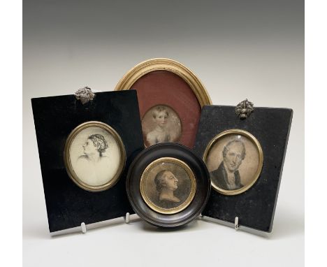An 18th-century miniature of a child with coral necklace 7x6cm together with two miniature engravings and an ink miniature Co