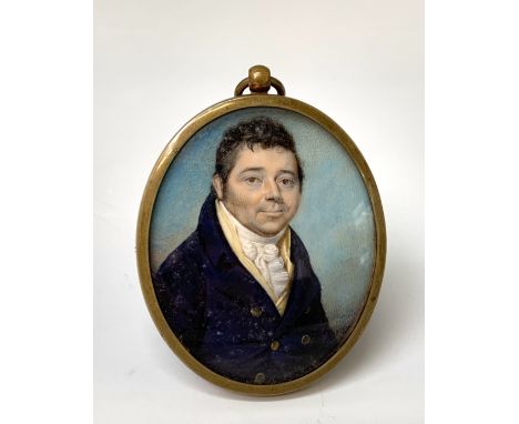 A Georgian portrait of a gentleman in a blue coat 6x5cm Condition: Not examined out of the frame but no condition issues note