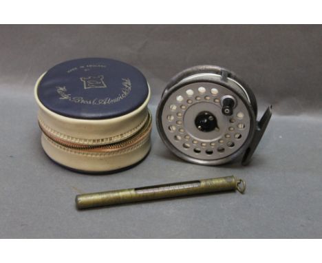 Hardy The Viscount 130 trout fly reel, with leatherette pouch and a Hardy thermometer.