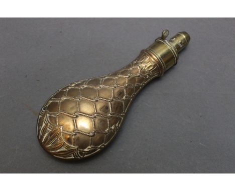 G &amp; JW Hawksley Sheffield, a copper and brass rope twist or net design powder flask, length 21 cm.