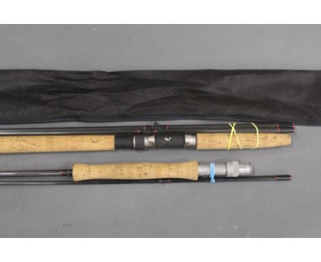 Two Fibatube fly rods, the first trout fly in two sections, 9', Line 7-8 and a salmon fly in three sections, 14', Line 9-10.