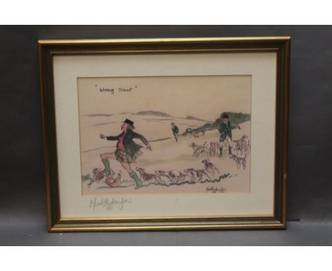 Mark Huskinson, a signed print "Wrong Scent" dated '92, 18 x 26 cm, together with Keith Proctor, a signed print "All for One"
