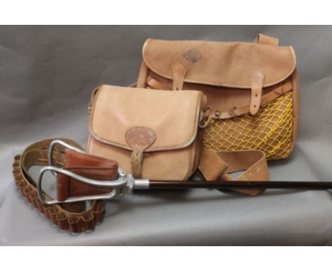 Brady a game bag cartridge bag, together with a leather cartridge belt and a shooting stick.