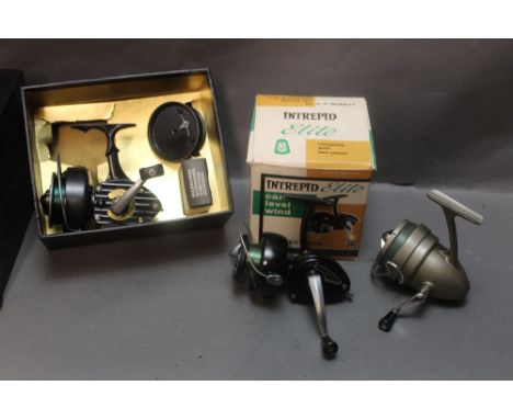 K P Morritt Intrepid Supreme fixed spool reel, with original box, spare spool etc, together with an Intrepid Elite fixed spoo