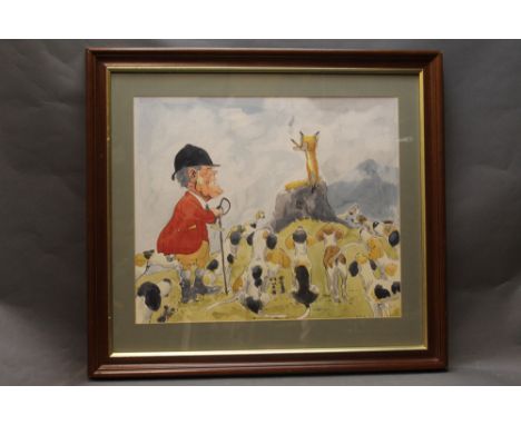 Wilk (John William Wilkinson 1906-1994), a watercolour cartoon depicting Johnny Richardson of the Blencathra Foxhounds stood 